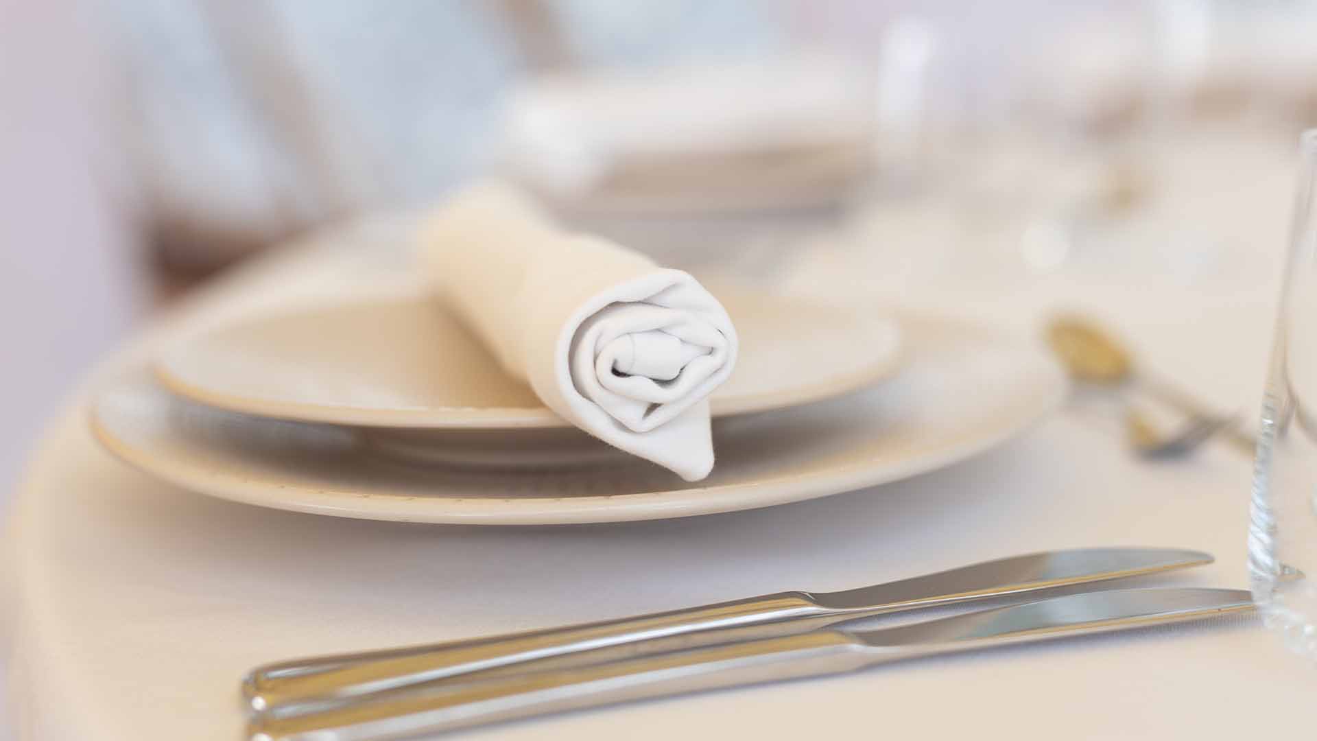 Detailaufnahme eines eingedeckten Tisches mit Serviette und Besteck, Restaurant Harzfenster