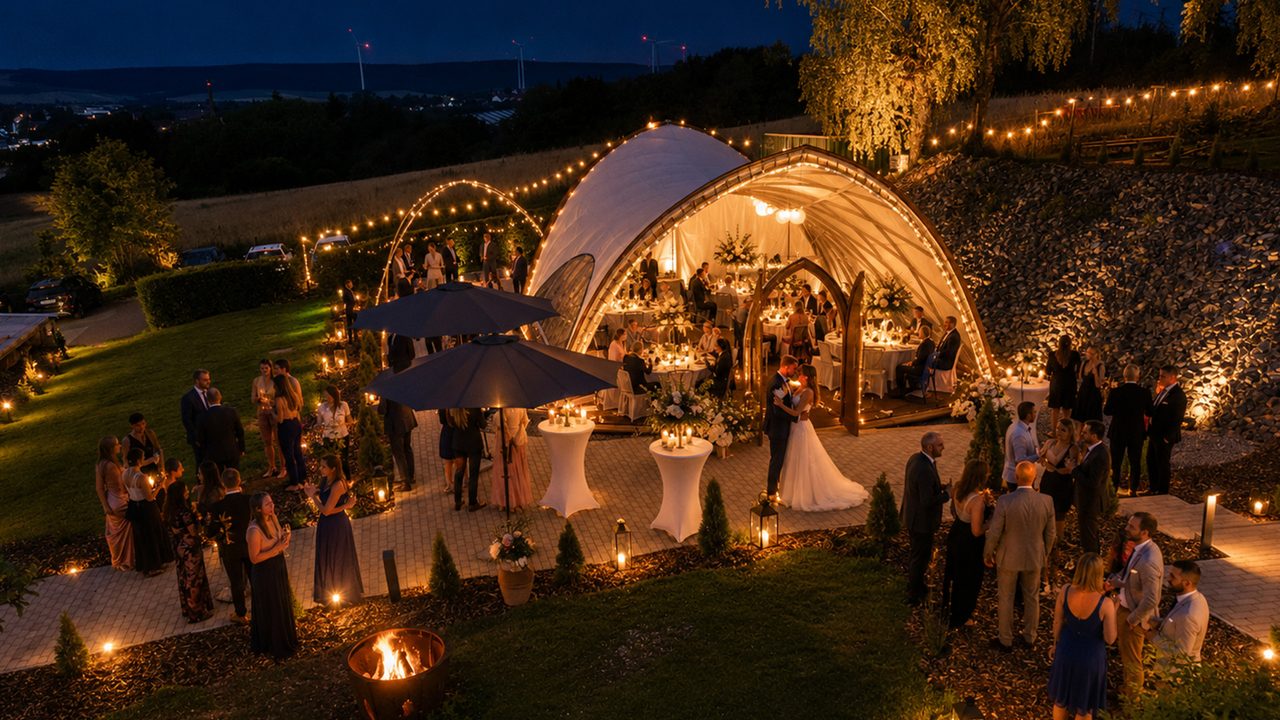 Hochzeitsfeier bei Nacht im beleuchteten Zelt-Pavillon mit Blick über die Landschaft, Brautpaar im Vordergrund (KI-generiertes Bild)