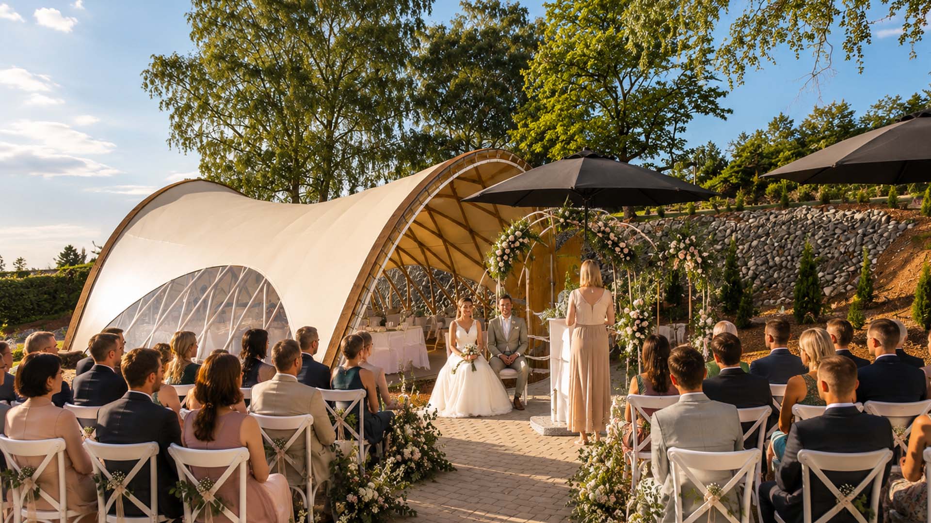 Hochzeitszeremonie am Tag im offenen Zelt-Pavillon, Brautpaar mit Trauredner vor den Gästen (KI-generiertes Bild)
